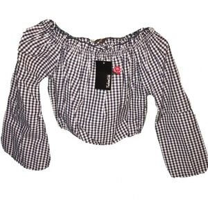 Pinup Style Checkerboard Crop Top Flare Sleeve M